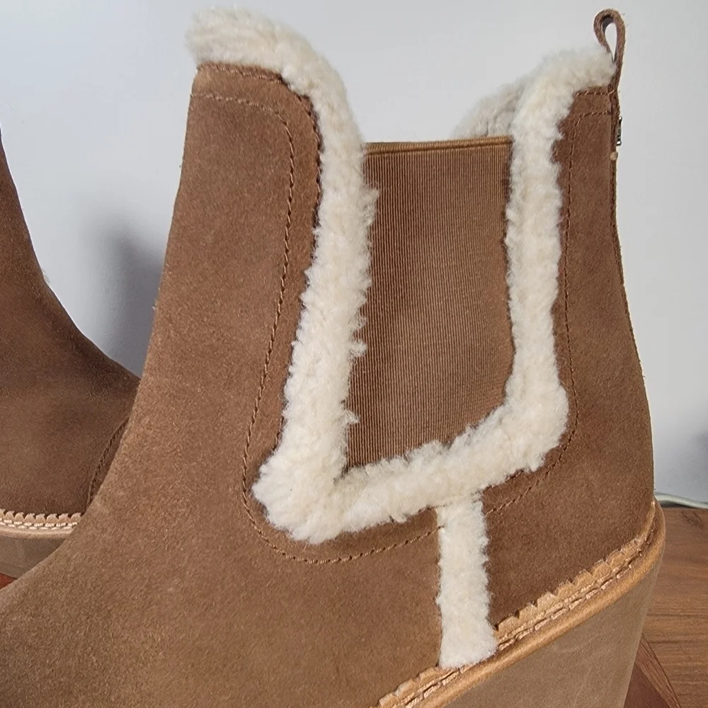 Sam Edelman Reagan Brown Suede Wedge Ankle Boots With Sherpa Trim Size 10